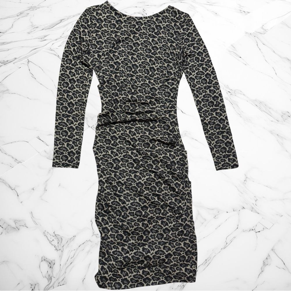 Nicole Miller Long Sleeve Leopard Print Ruched Sheath Dress in Gray/Black size M